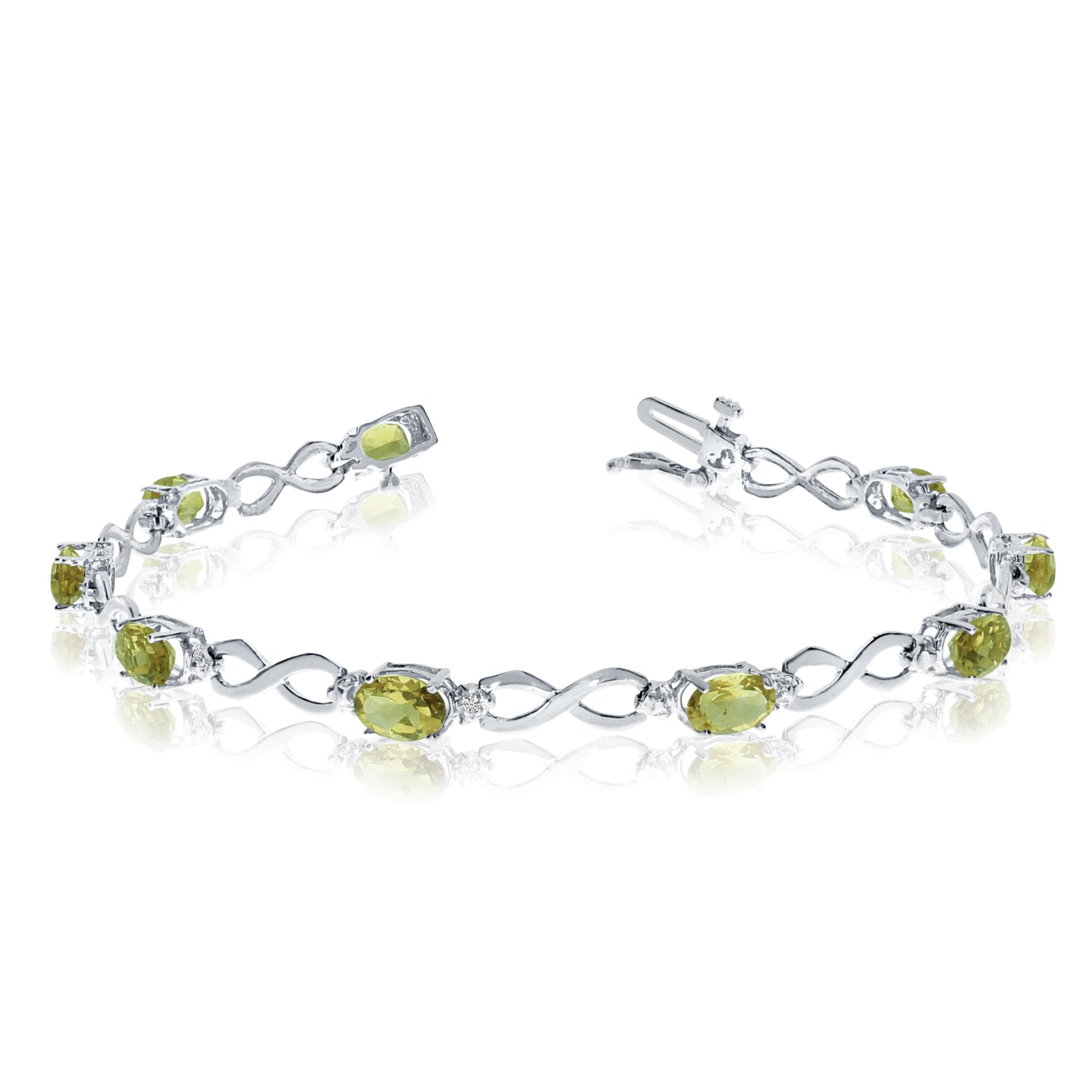 10K White Gold Oval Peridot Stones And Diamonds Infinity Tennis Bracelet, 7" fine designer jewelry for men and women