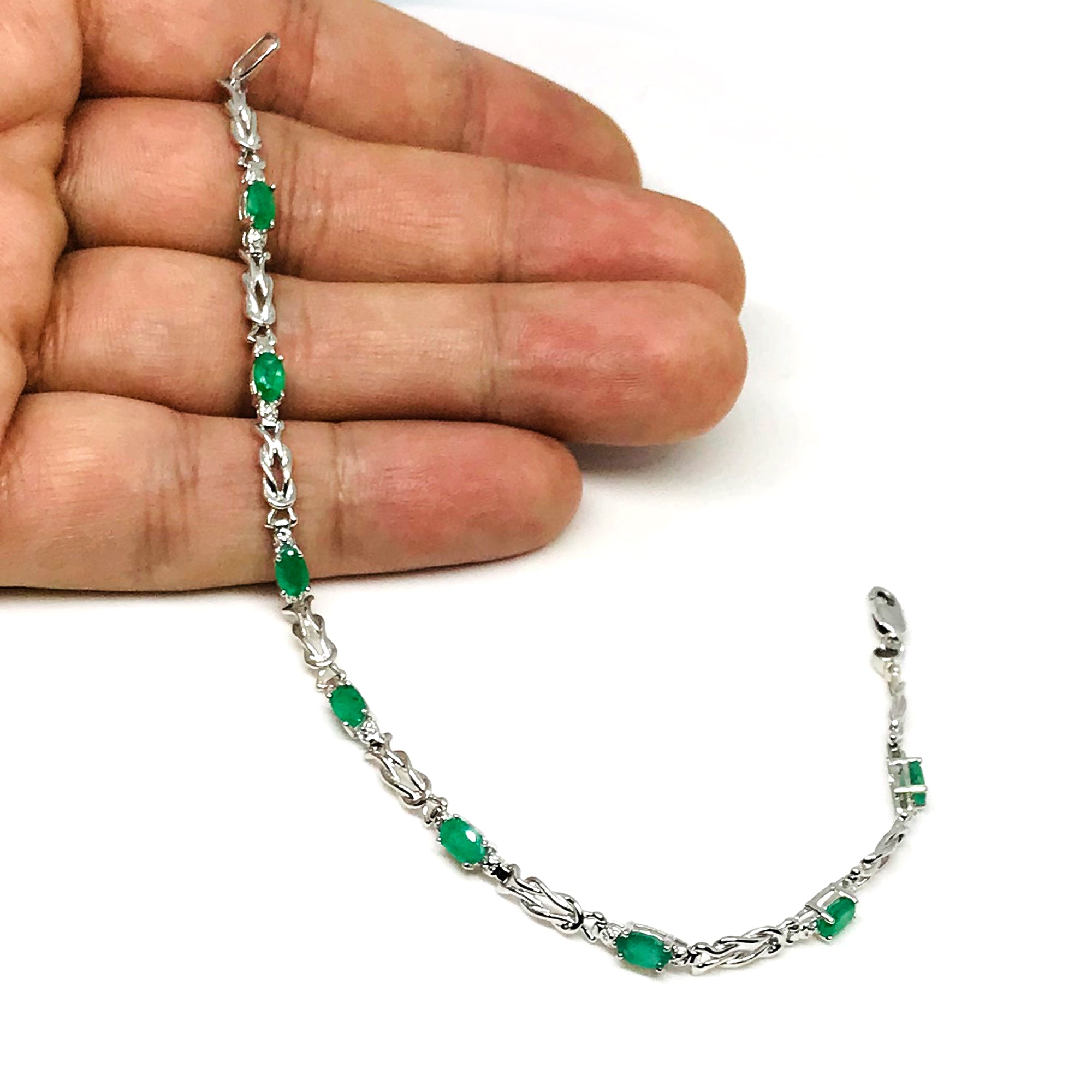 14K White Gold Oval Emerald Stones And Diamonds Tennis Bracelet, 7" fine designer jewelry for men and women