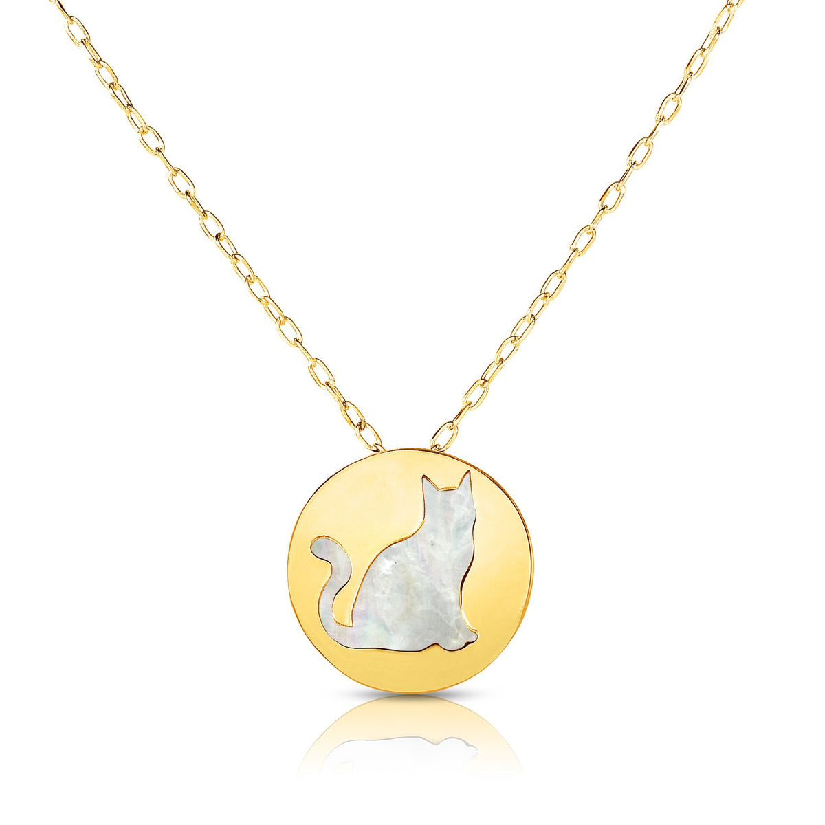 14K Yellow Gold Mother Of Pearl Cat Pendant Necklace, 16" fine designer jewelry for men and women