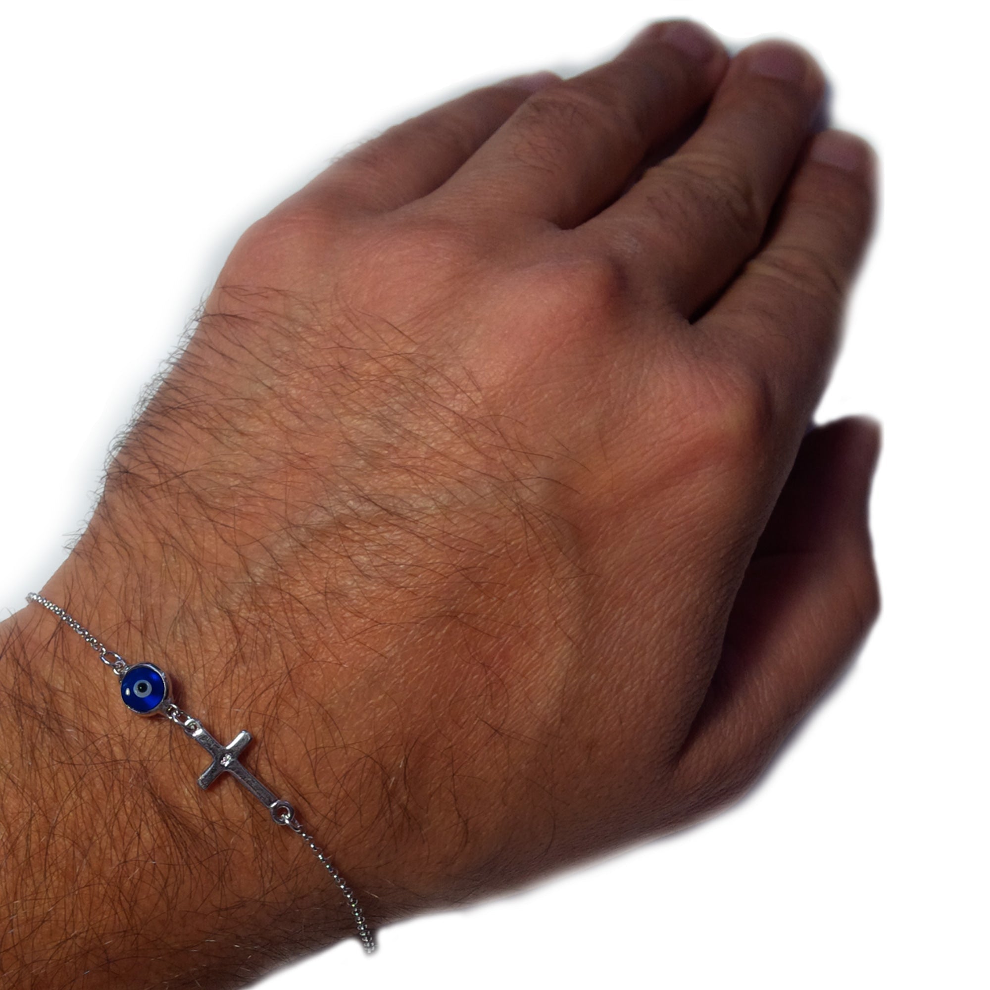 Side Ways Cross Double Sided Evil Eye Adjustable Bracelet Sterling Silver, 7" to 8.5" - JewelryAffairs