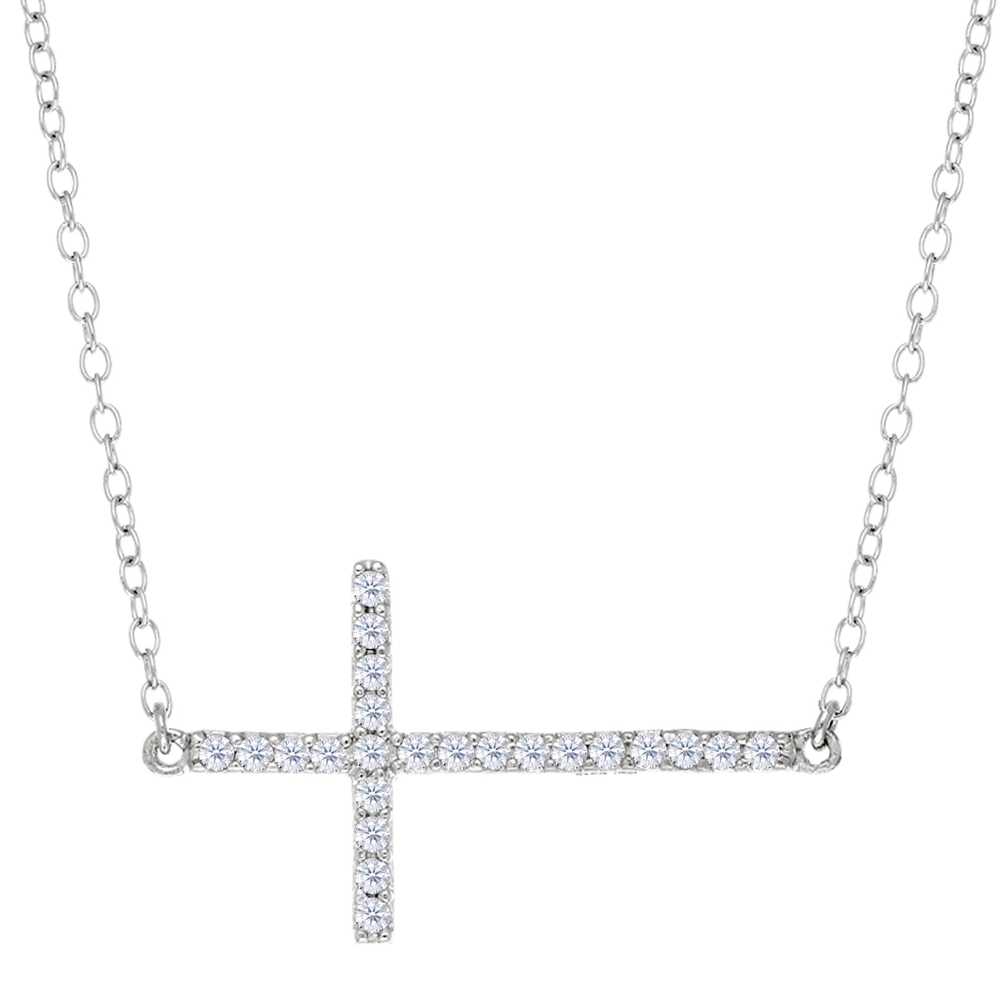 Sideways Cross And CZ Necklace In Sterling Silver, 18" - JewelryAffairs
