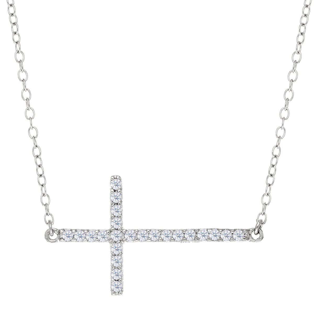 Sideways Cross And CZ Necklace In Sterling Silver, 18" - JewelryAffairs
