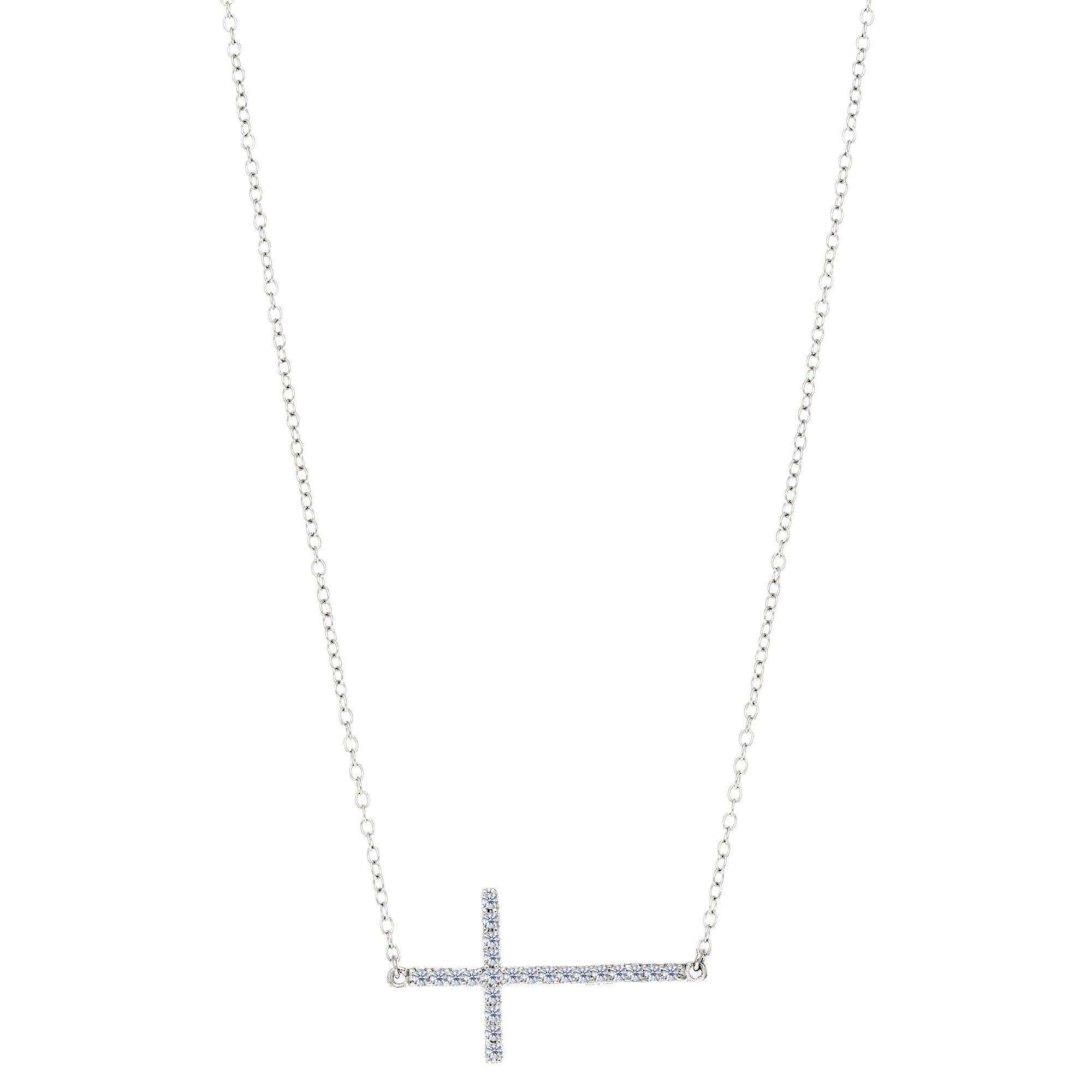 Sideways Cross And CZ Necklace In Sterling Silver, 18" - JewelryAffairs