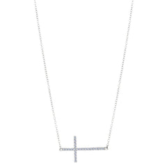 Sideways Cross And CZ Necklace In Sterling Silver, 18" - JewelryAffairs