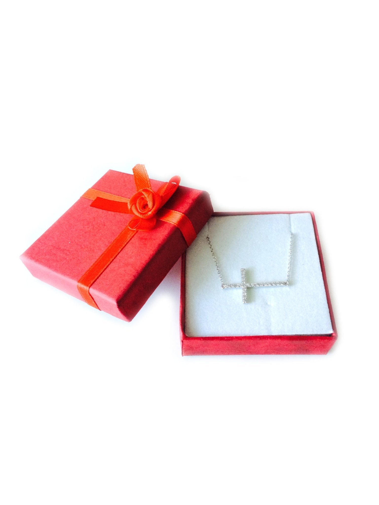 Sideways Cross And CZ Necklace In Sterling Silver, 18" - JewelryAffairs