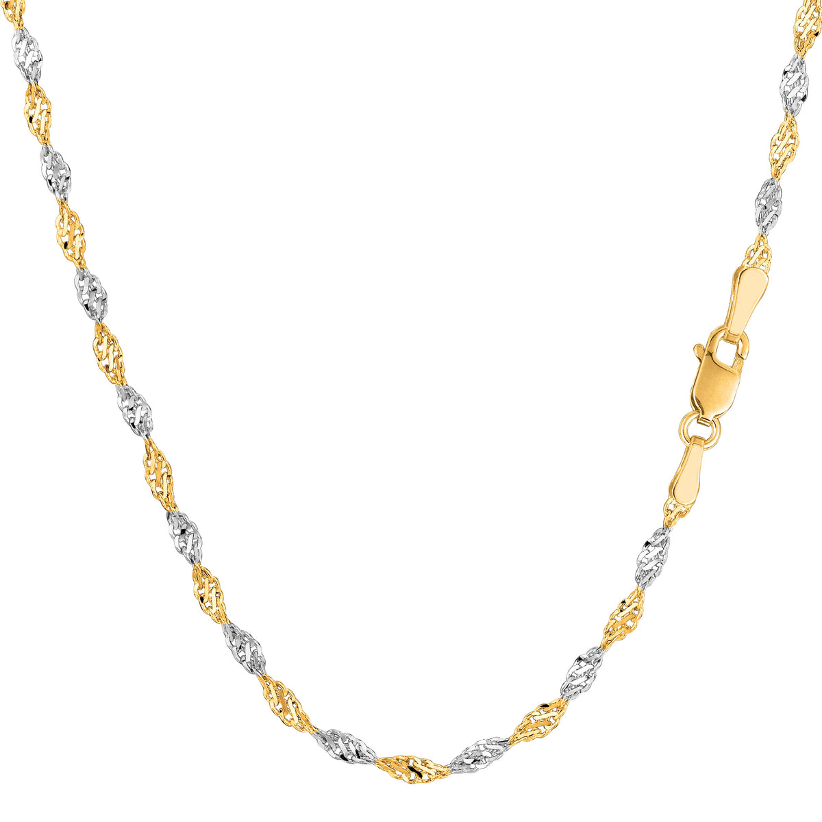 14k 2 Tone Yellow And White Gold Singapore Chain Necklace, 2.0mm fine designer jewelry for men and women