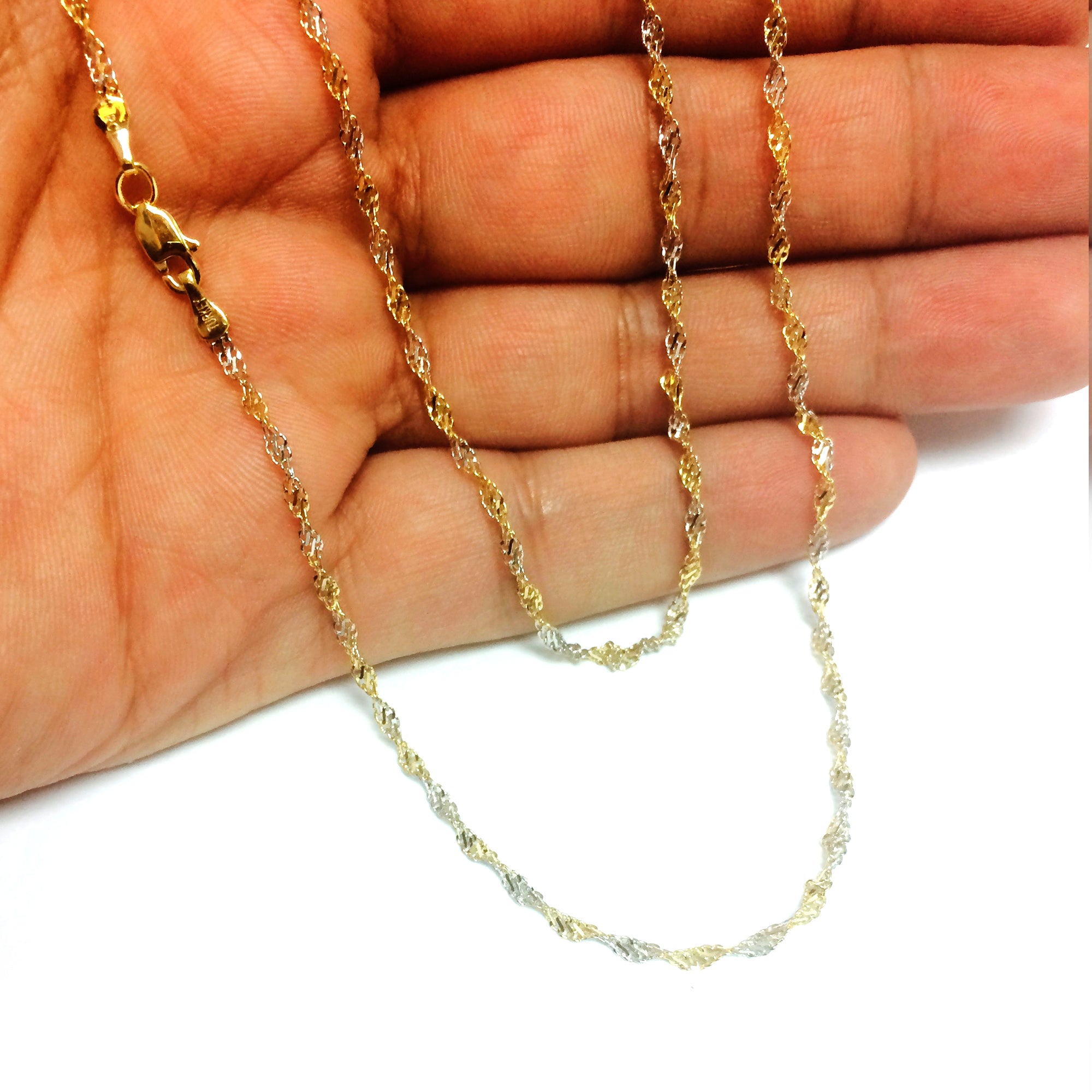 14k 2 Tone Yellow And White Gold Singapore Chain Necklace, 2.0mm fine designer jewelry for men and women