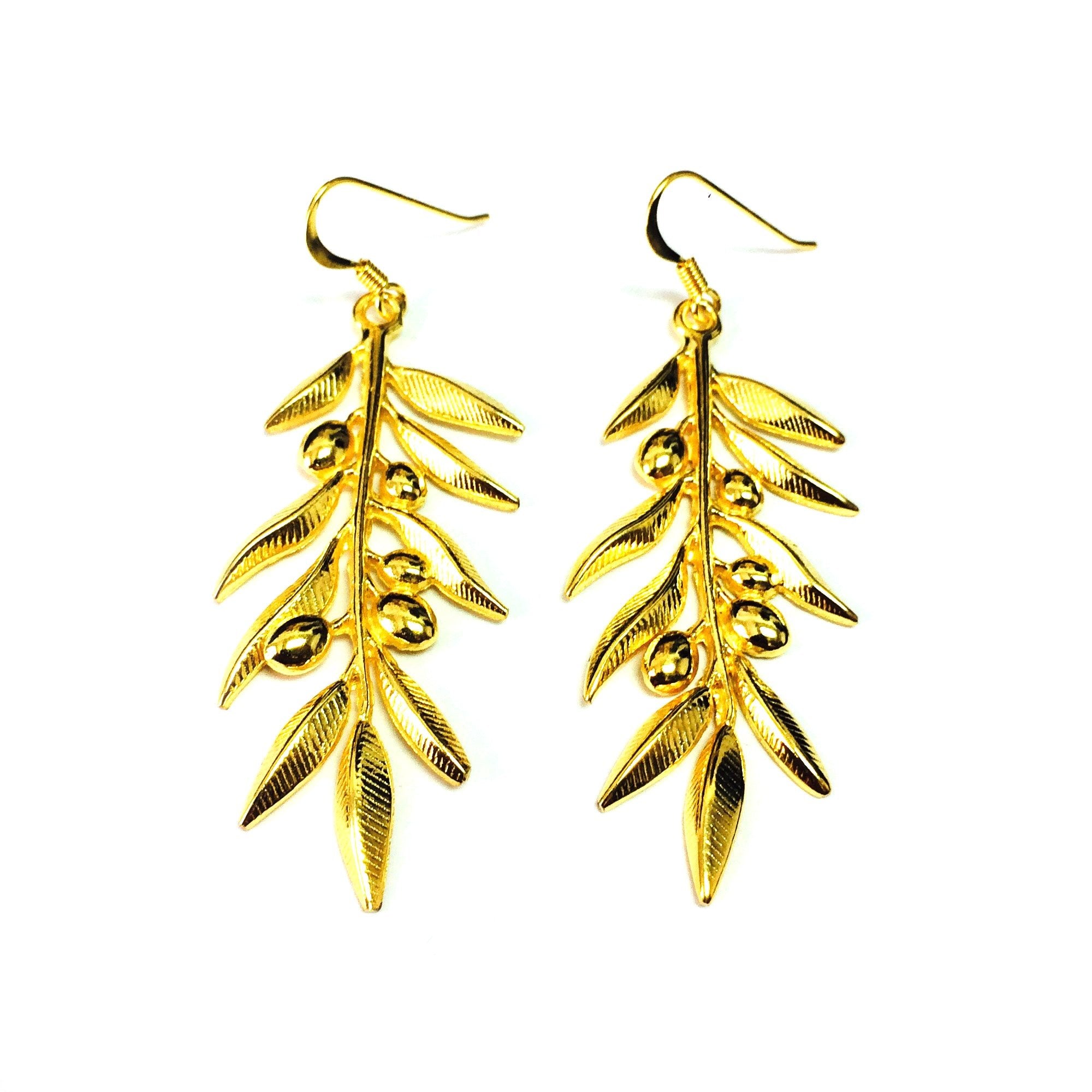 Sterling Silver 18 Karat Gold Overlay Plated Olive Leaf Drop Earrings - JewelryAffairs