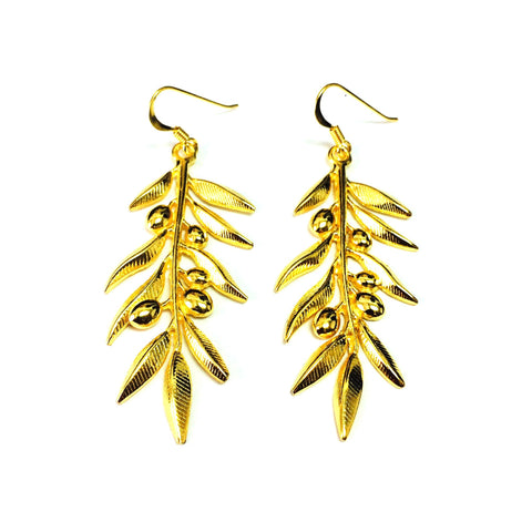 Sterling Silver 18 Karat Gold Overlay Plated Olive Leaf Drop Earrings