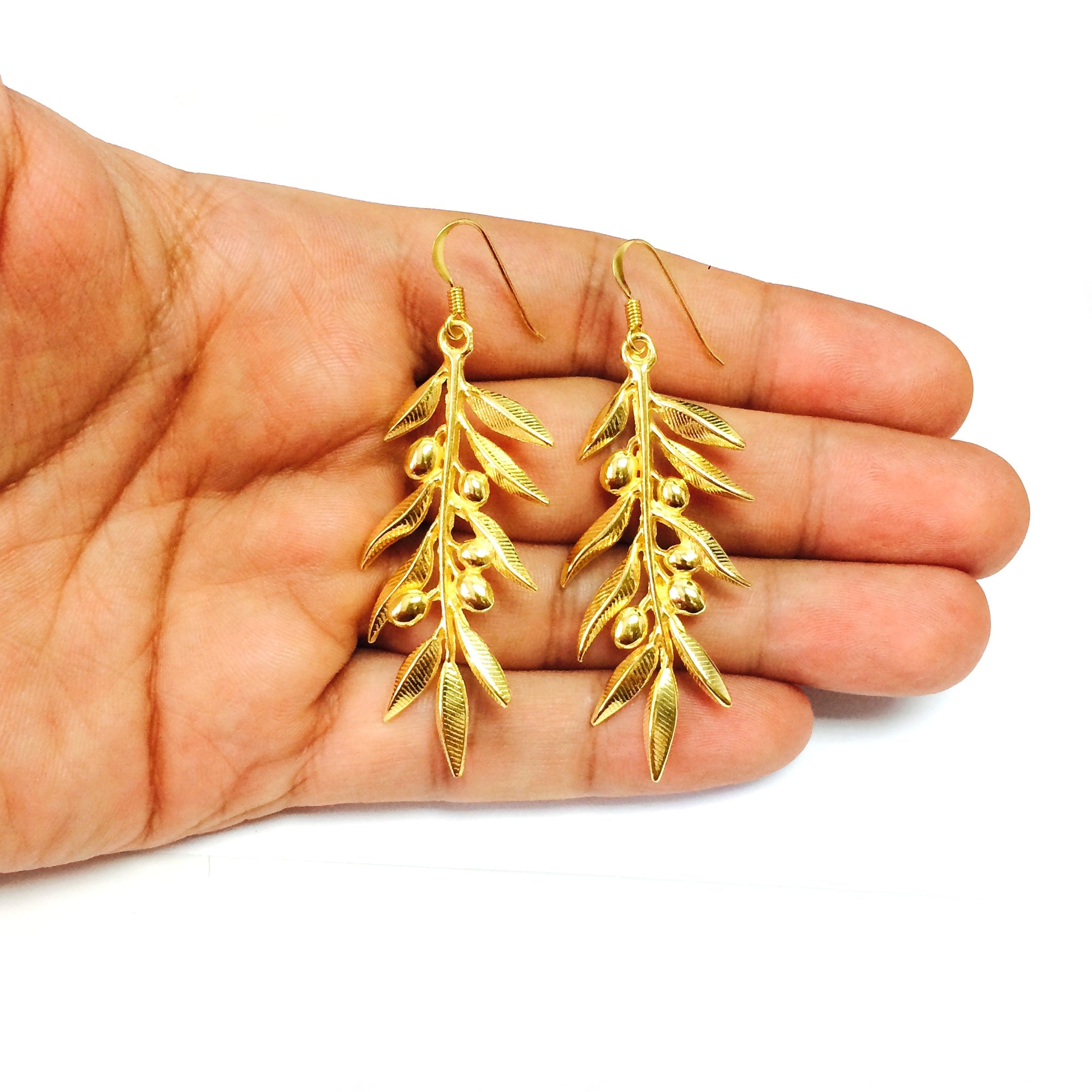 Sterling Silver 18 Karat Gold Overlay Plated Olive Leaf Drop Earrings - JewelryAffairs