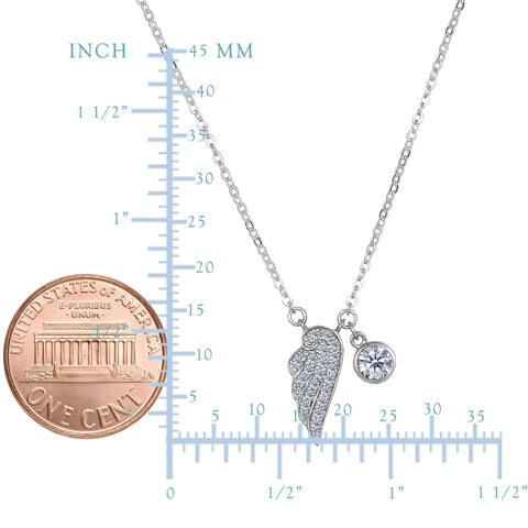 Sterling Silver CZ Angel Wing Charm Pendant Necklace, 18"