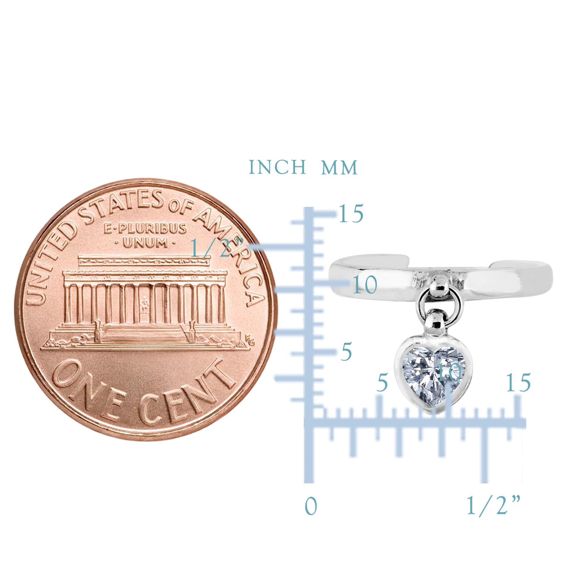 Sterling Silver Dangling Heart Shape CZ Cuff Style Adjustable Toe Ring - JewelryAffairs
