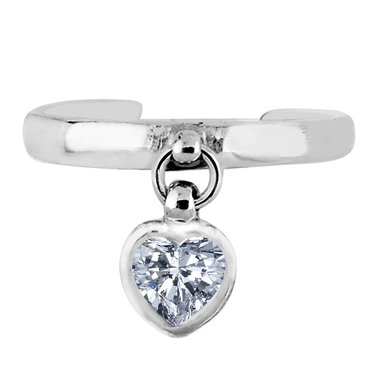 Sterling Silver Dangling Heart Shape CZ Cuff Style Adjustable Toe Ring - JewelryAffairs