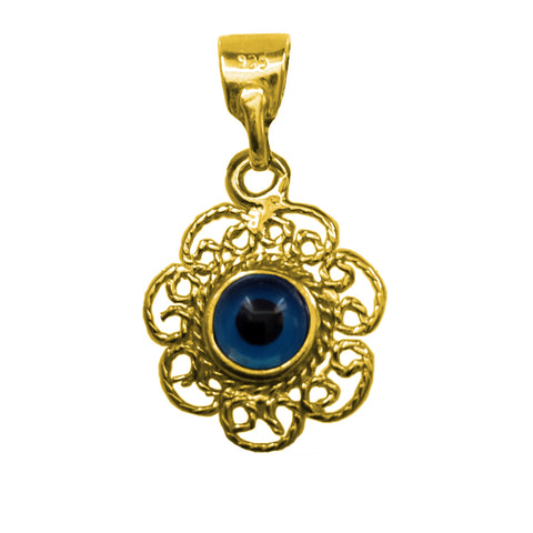 Sterling Silver Filigree Double Sided Evil Eye Pendant Charm 18 Karat Gold Overlay