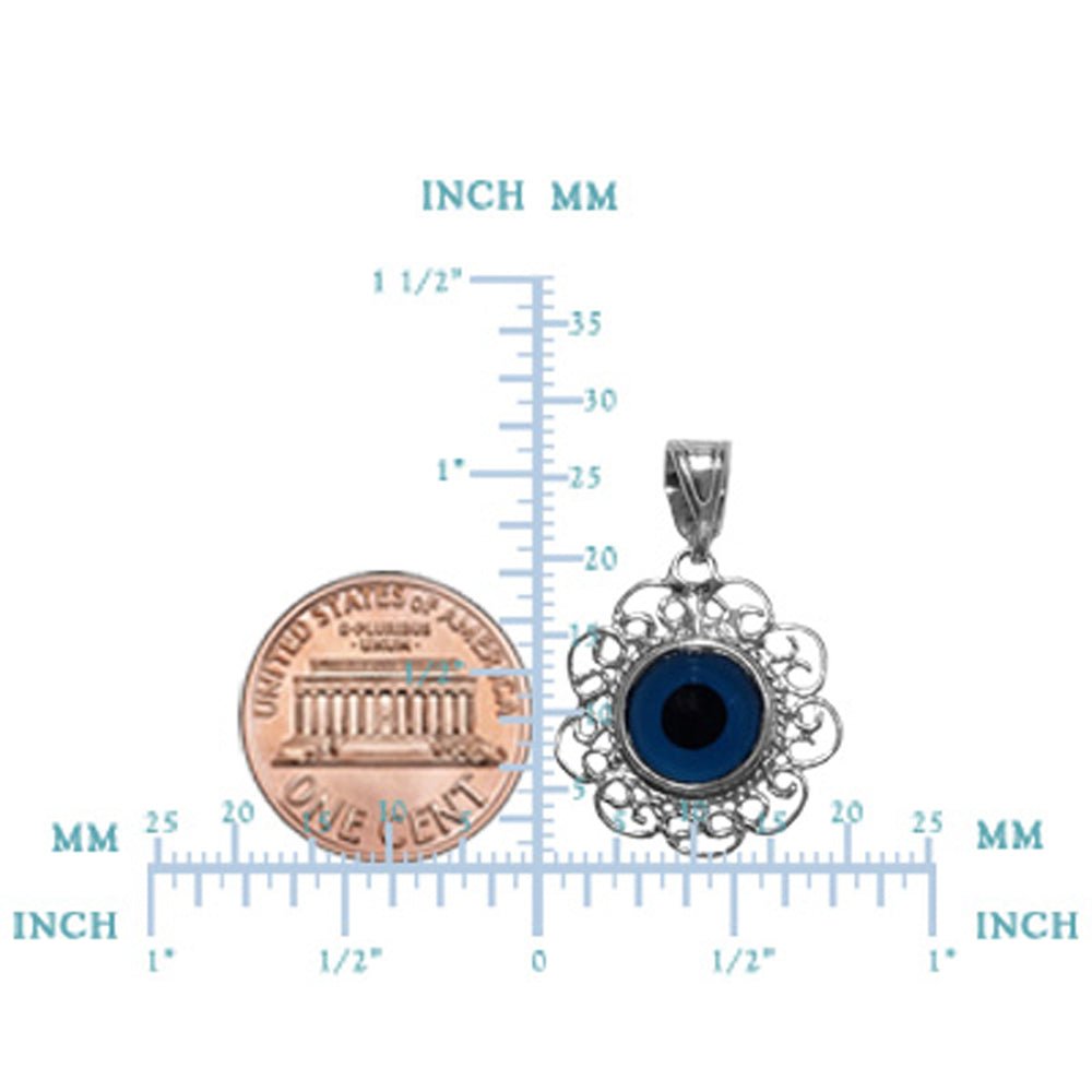 Sterling Silver Filigree Double Sided Evil Eye Pendant Charm - JewelryAffairs
