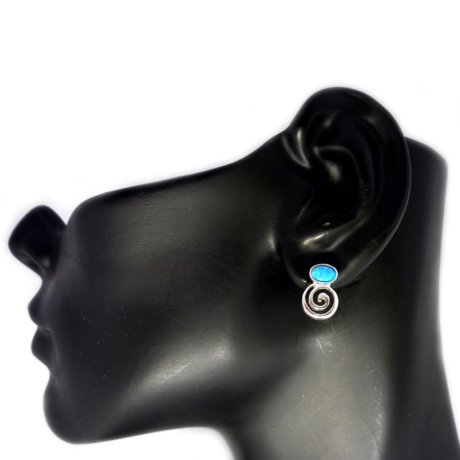 Sterling Silver Greek Spiral Key With Synthetic Opal Earrings, 10 x 14mm - JewelryAffairs