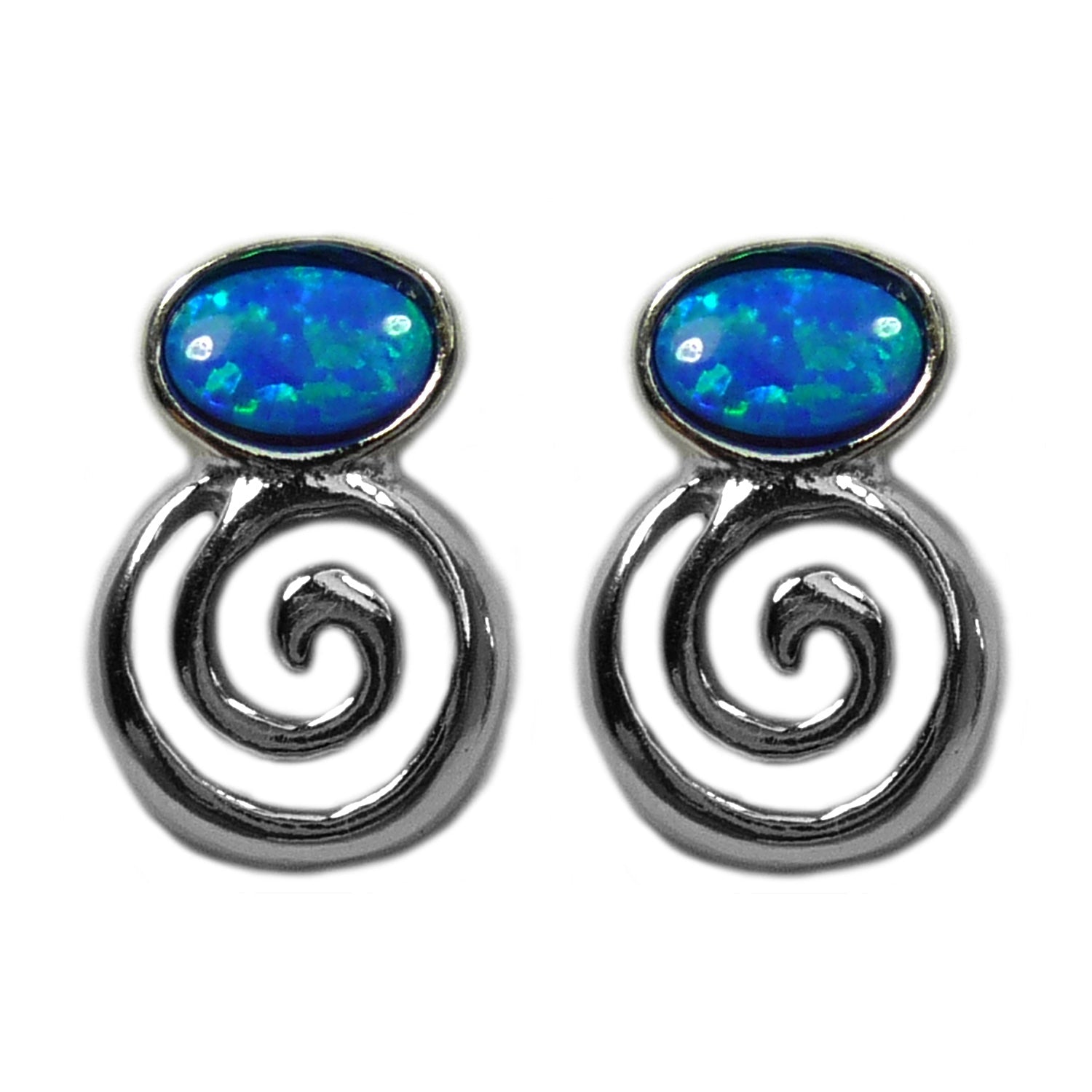 Sterling Silver Greek Spiral Key With Synthetic Opal Earrings, 10 x 14mm - JewelryAffairs