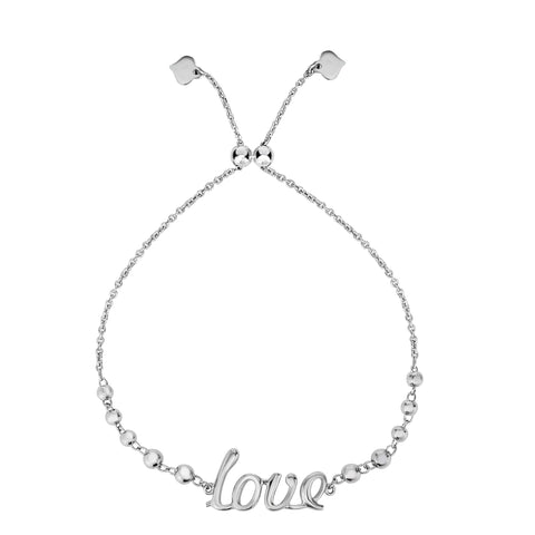 Sterling Silver Love Theme Adjustable Bolo Friendship Bracelet , 9.25"