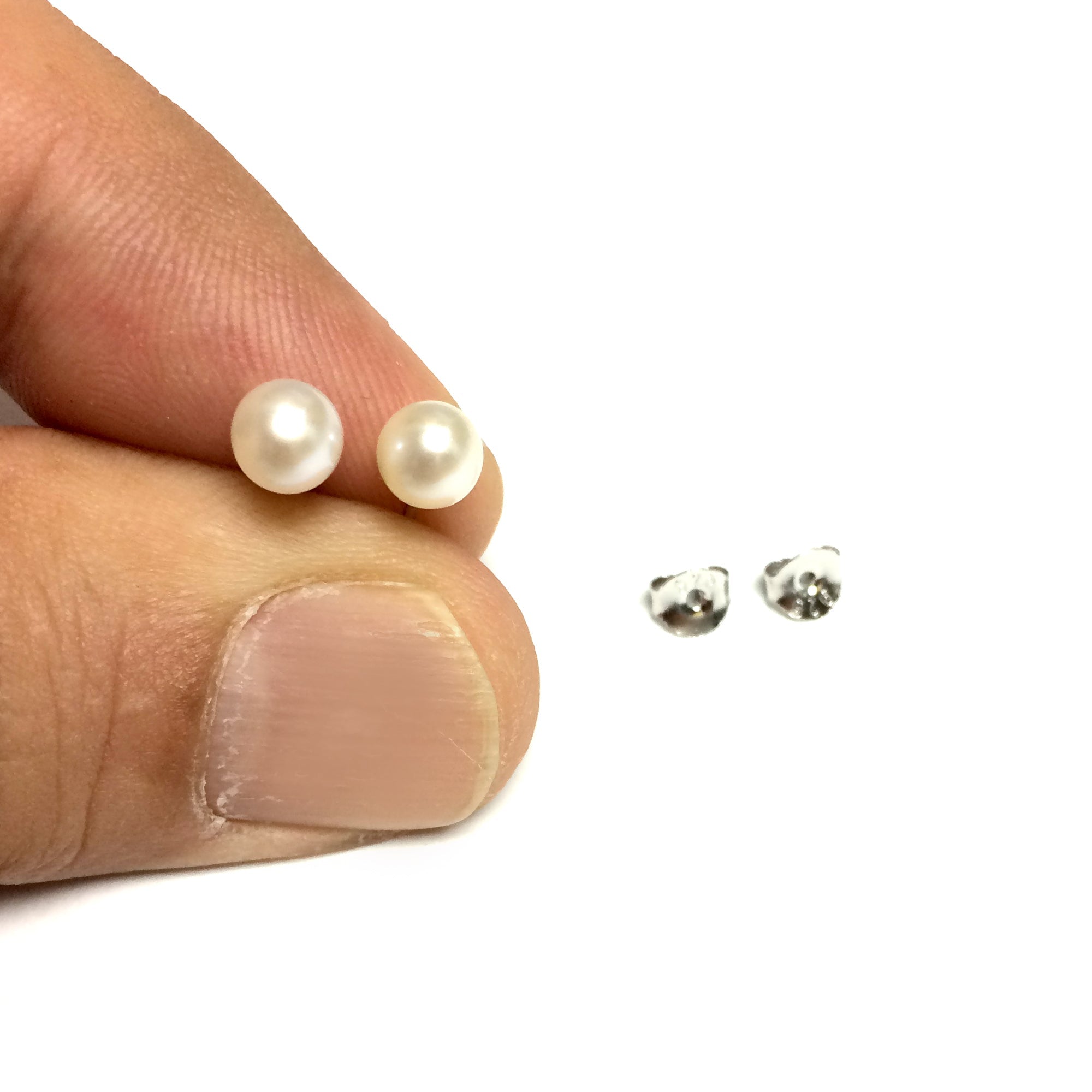 Sterling Silver Rhodium Finish 4mm White Fresh Water Pearl Stud Earring - JewelryAffairs