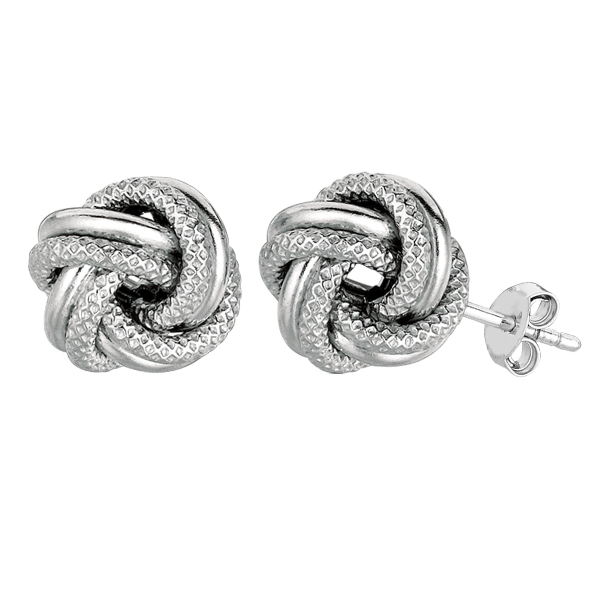 Sterling Silver Rhodium Finish 7mm Shiny And Textured Love Knot Stud Earrings - JewelryAffairs