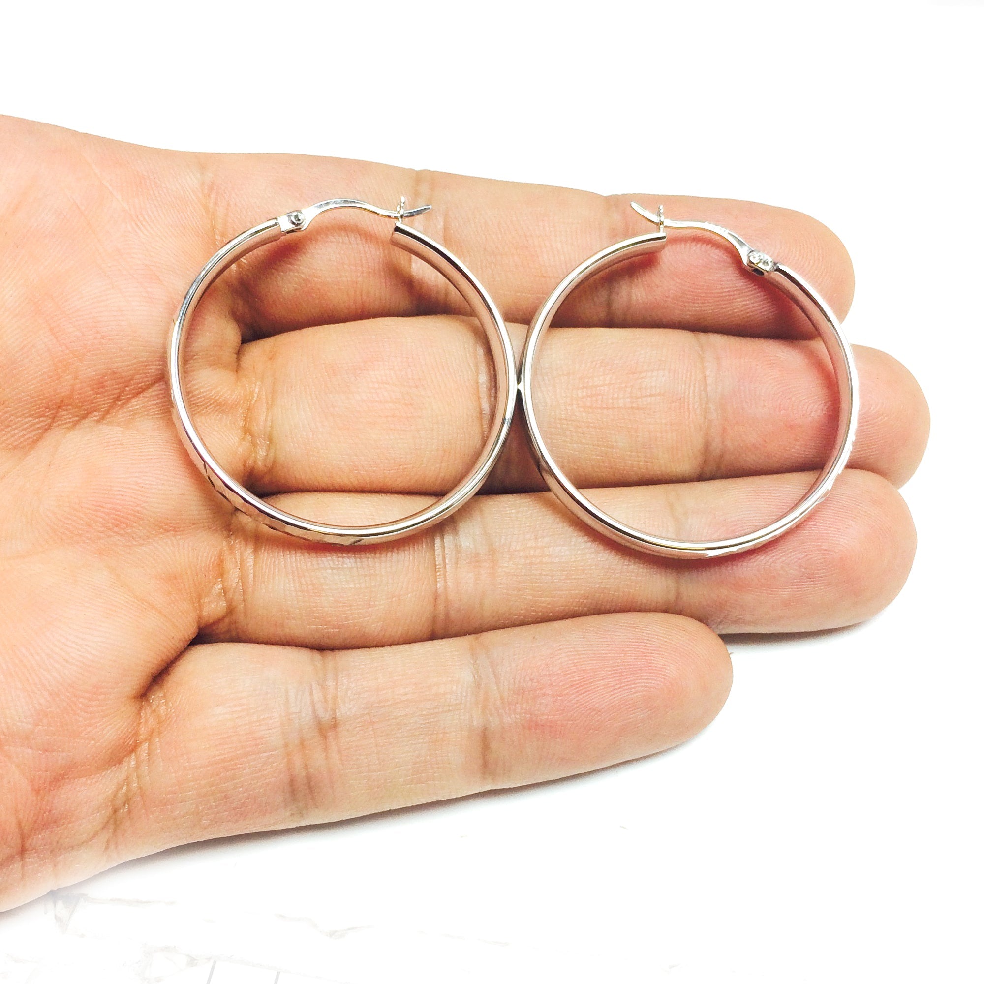 Sterling Silver Rhodium Finish Hammered Finish Hoop Earrings - JewelryAffairs