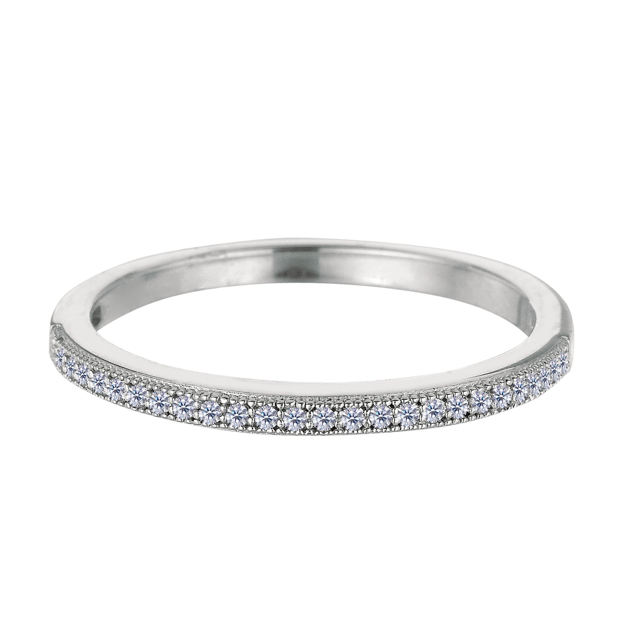 Sterling Silver Rhodium Finish Milgrain Stackable Ring With Pave' Set Cz Stones - JewelryAffairs