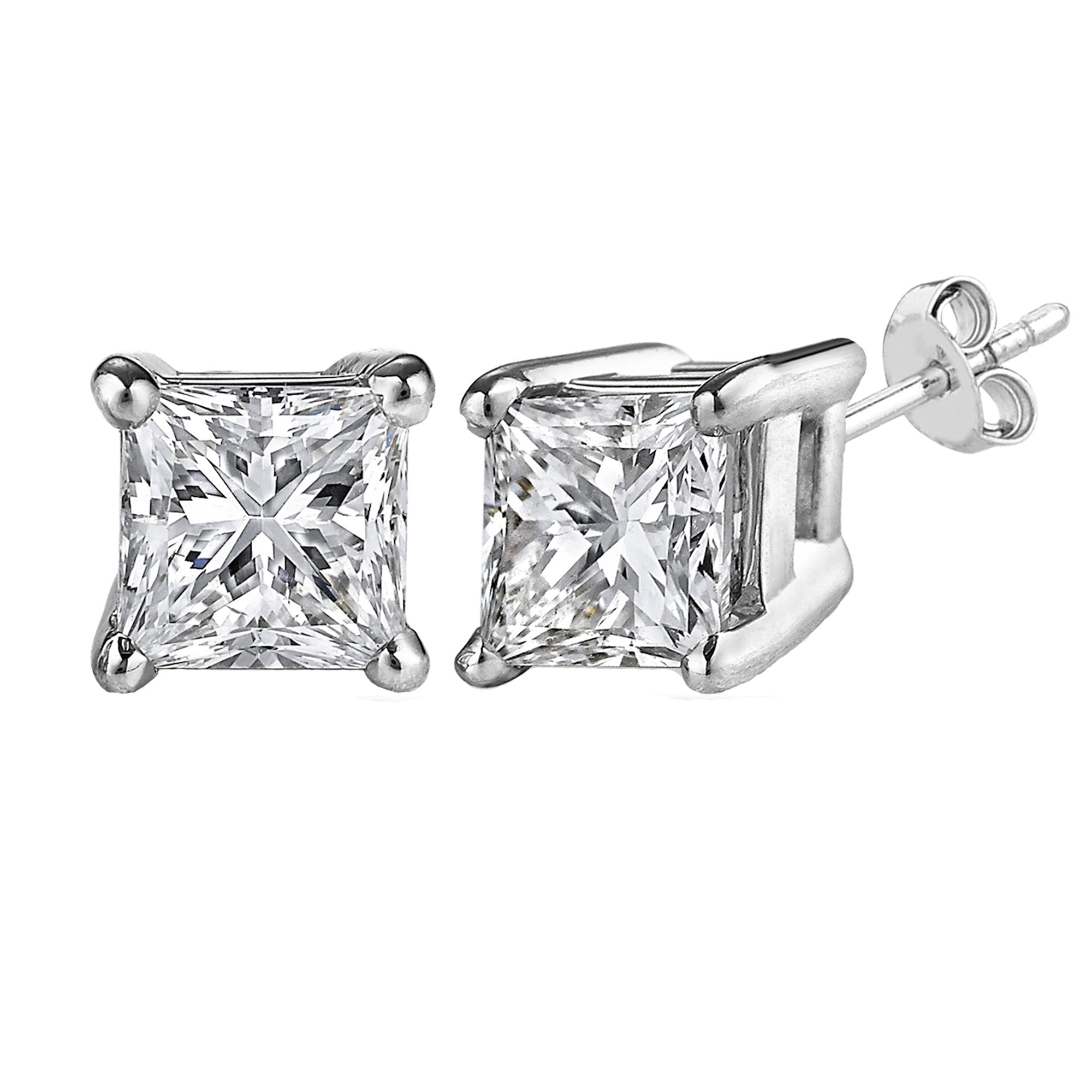 Sterling Silver Rhodium Finish Princess Cut Cubic Zirconia Stud Earring - JewelryAffairs