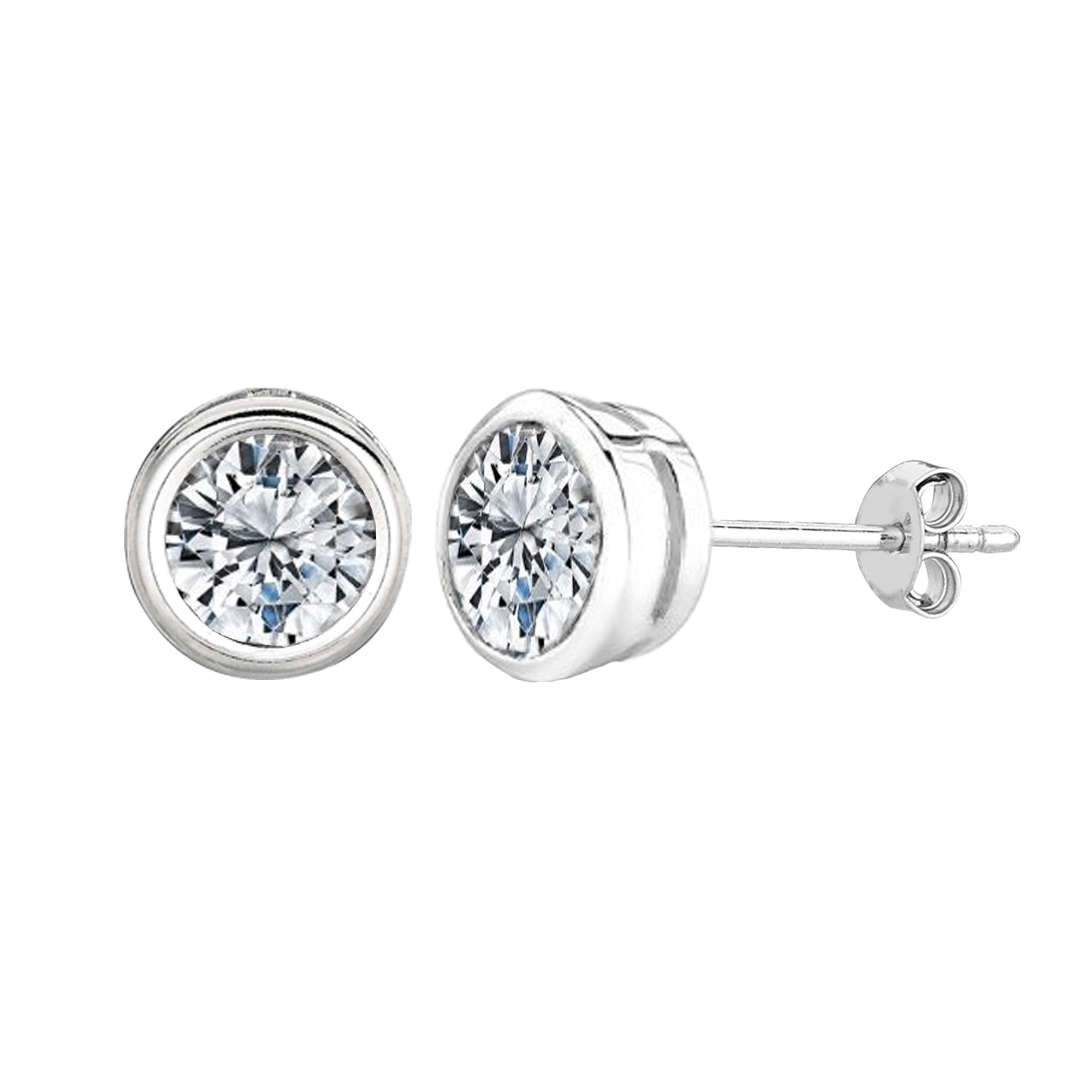 Sterling Silver Rhodium Finish Round Bezel Set Cubic Zirconia Stud Earring - JewelryAffairs