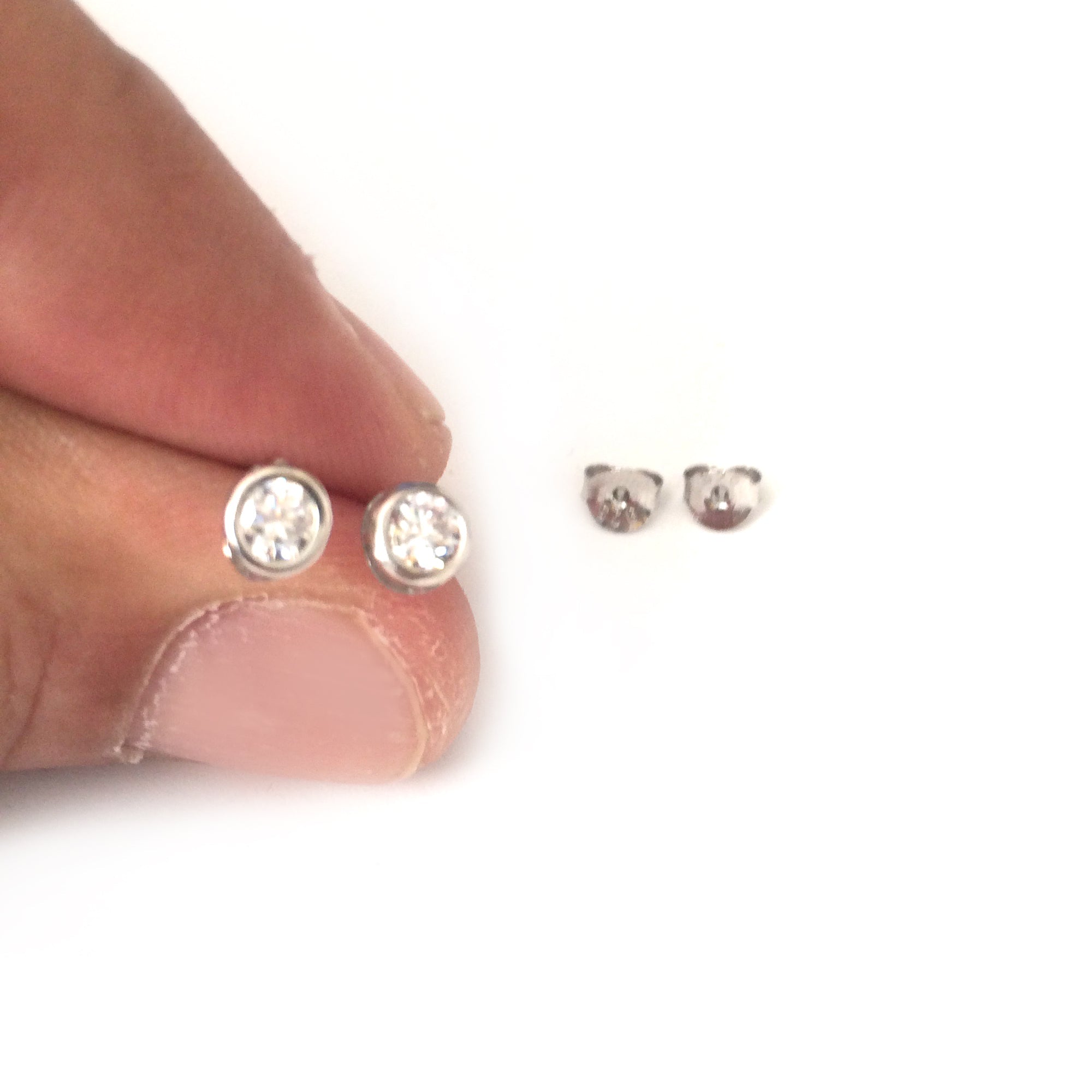 Sterling Silver Rhodium Finish Round Bezel Set Cubic Zirconia Stud Earring - JewelryAffairs