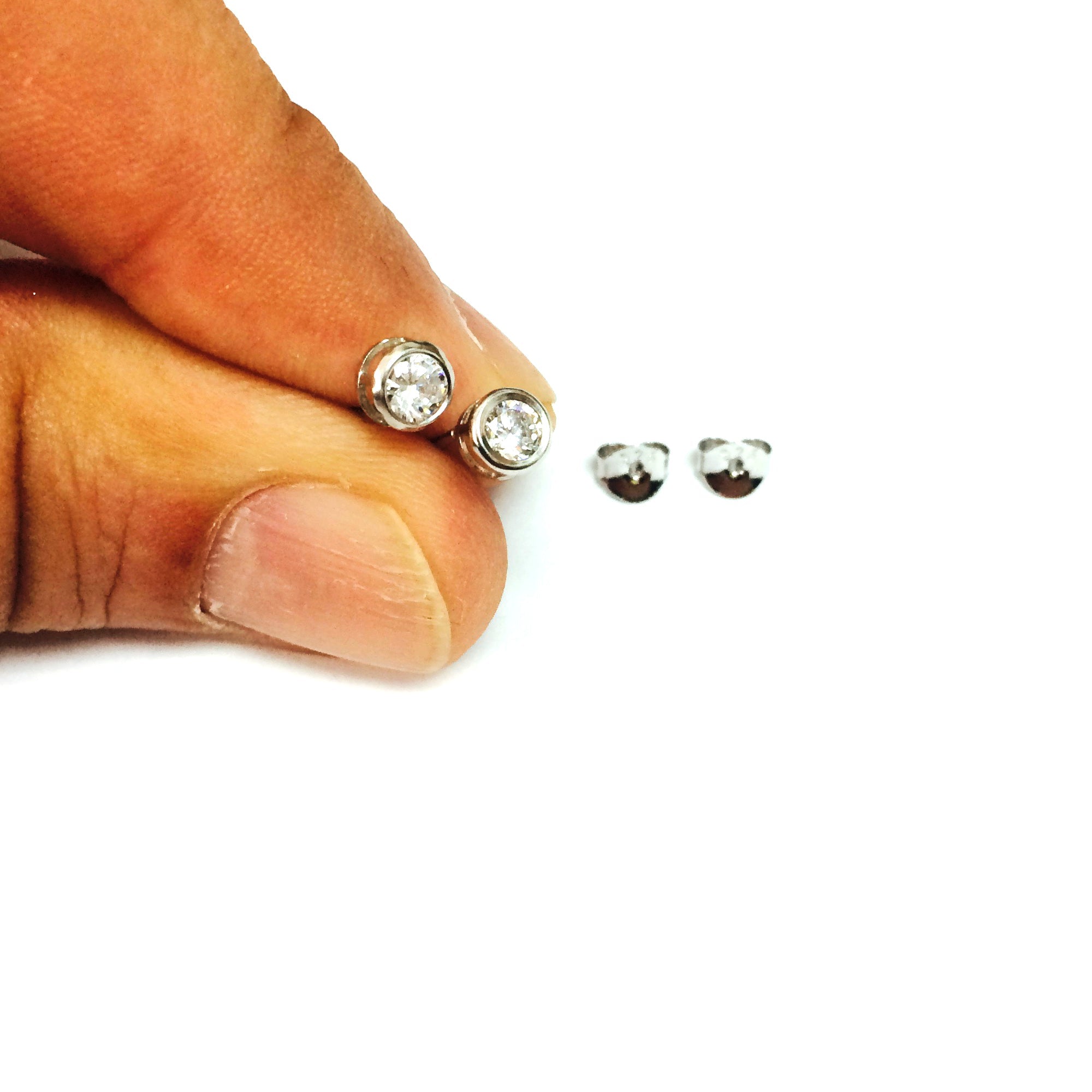 Sterling Silver Rhodium Finish Round Bezel Set Cubic Zirconia Stud Earring - JewelryAffairs