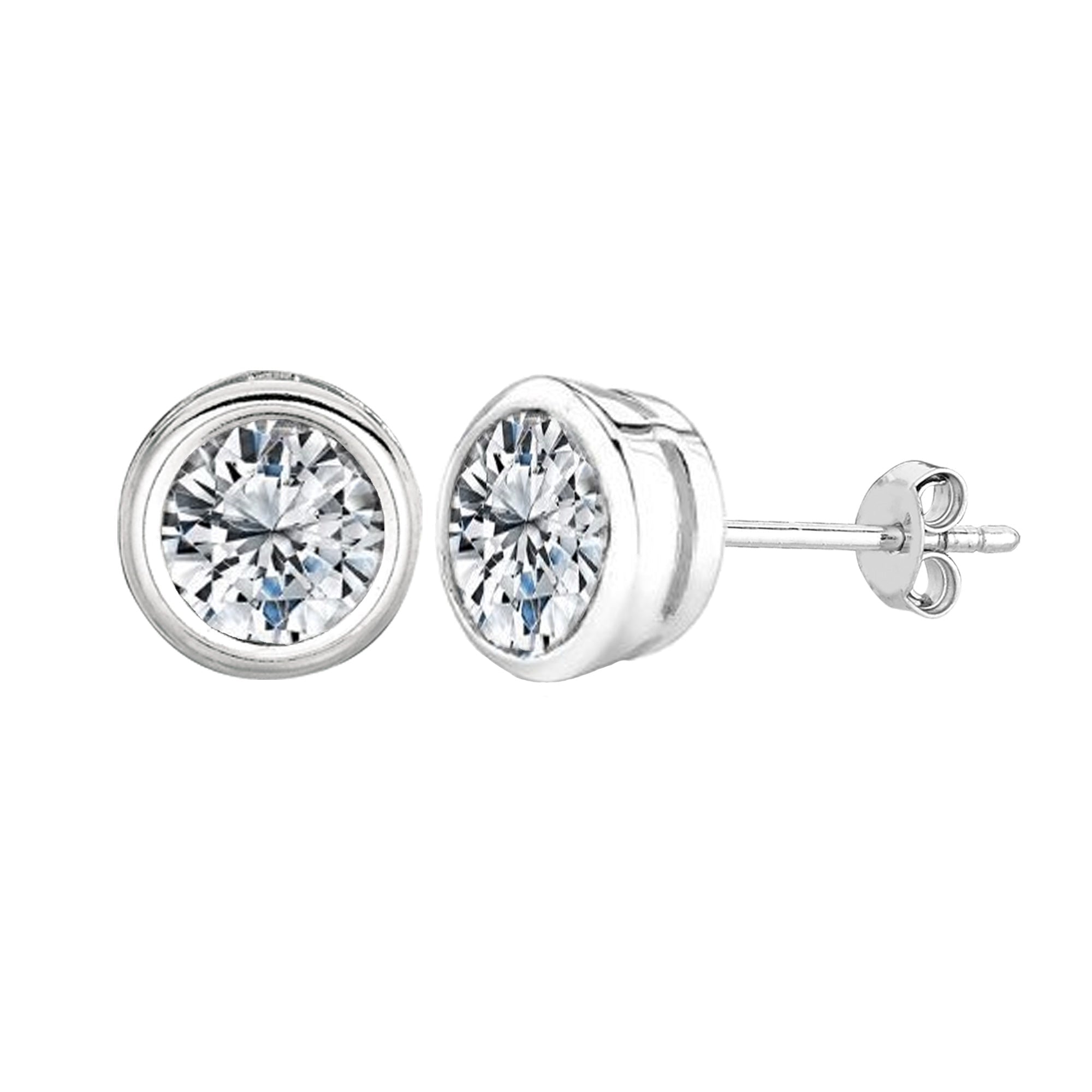 Sterling Silver Rhodium Finish Round Bezel Set Cubic Zirconia Stud Earring - JewelryAffairs