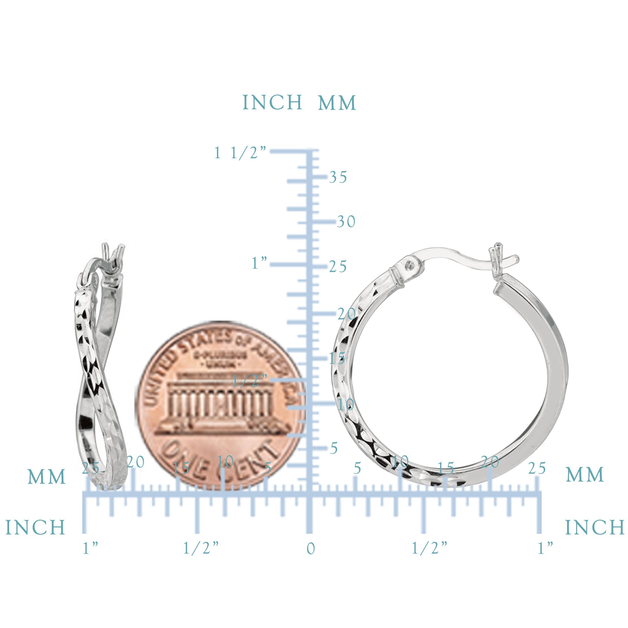 Sterling Silver Rhodium Finish Shiny Diamond Cut Finish Wavy Round Hoop Earrings - JewelryAffairs