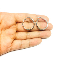 Sterling Silver Rhodium Finish Shiny Diamond Cut Finish Wavy Round Hoop Earrings - JewelryAffairs
