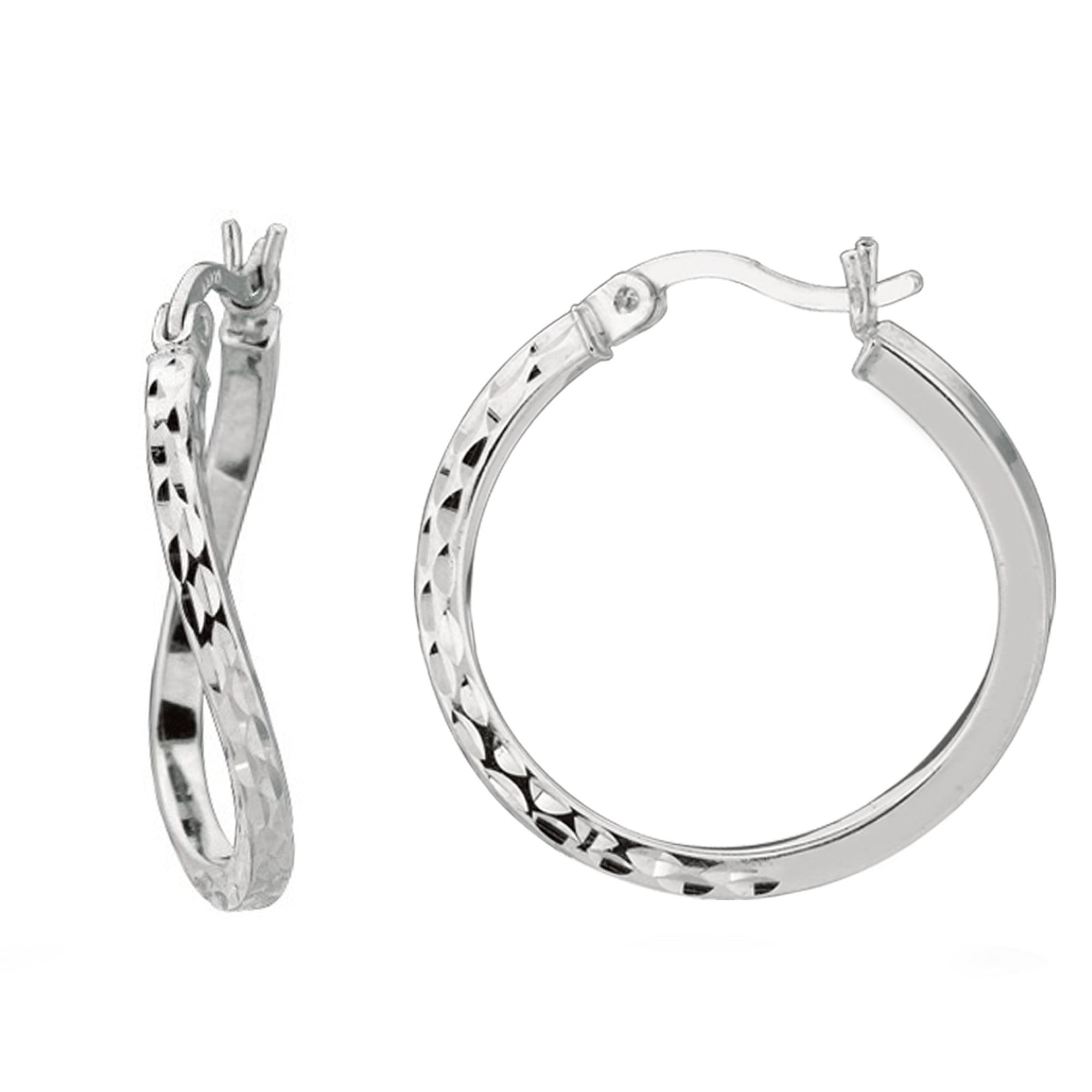 Sterling Silver Rhodium Finish Shiny Diamond Cut Finish Wavy Round Hoop Earrings - JewelryAffairs