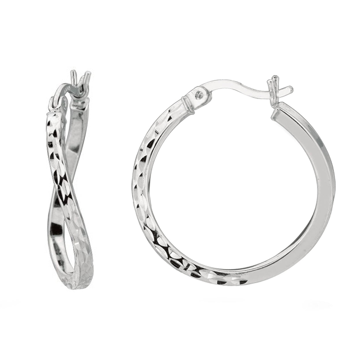 Sterling Silver Rhodium Finish Shiny Diamond Cut Finish Wavy Round Hoop Earrings - JewelryAffairs