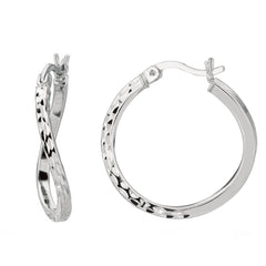 Sterling Silver Rhodium Finish Shiny Diamond Cut Finish Wavy Round Hoop Earrings - JewelryAffairs