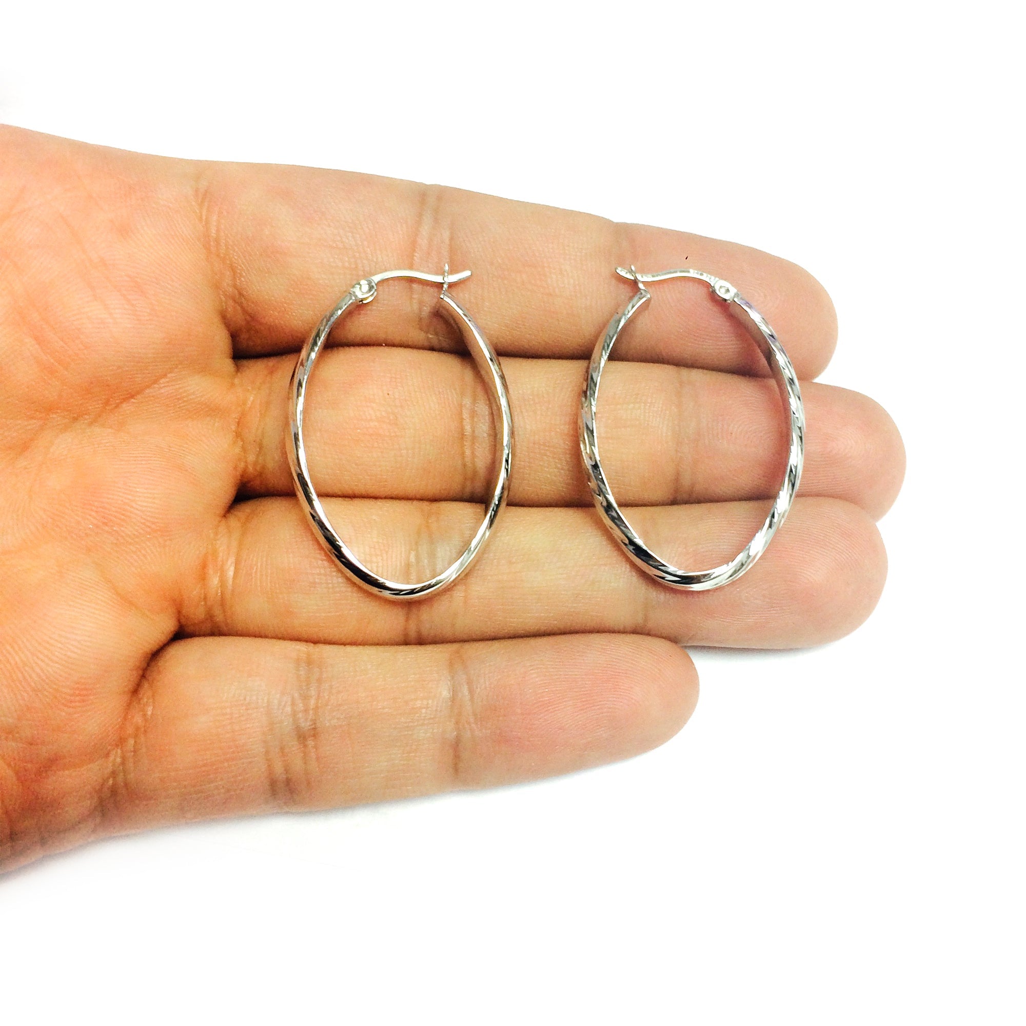 Sterling Silver Rhodium Finish Shiny Textured Finish Oval Hoop Earrings,35mm - JewelryAffairs