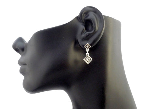 Sterling Silver Rhodium Plated Ancient Greek Key Drop Earrings