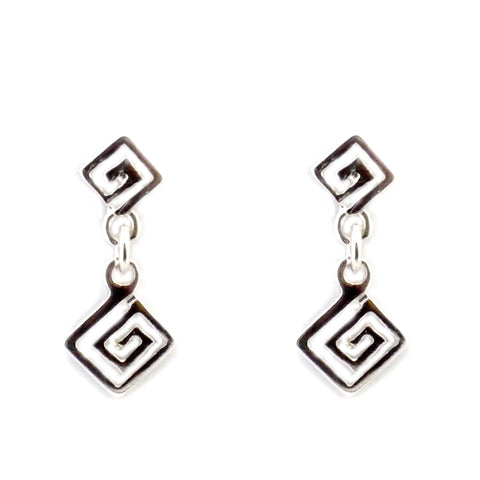 Sterling Silver Rhodium Plated Ancient Greek Key Drop Earrings