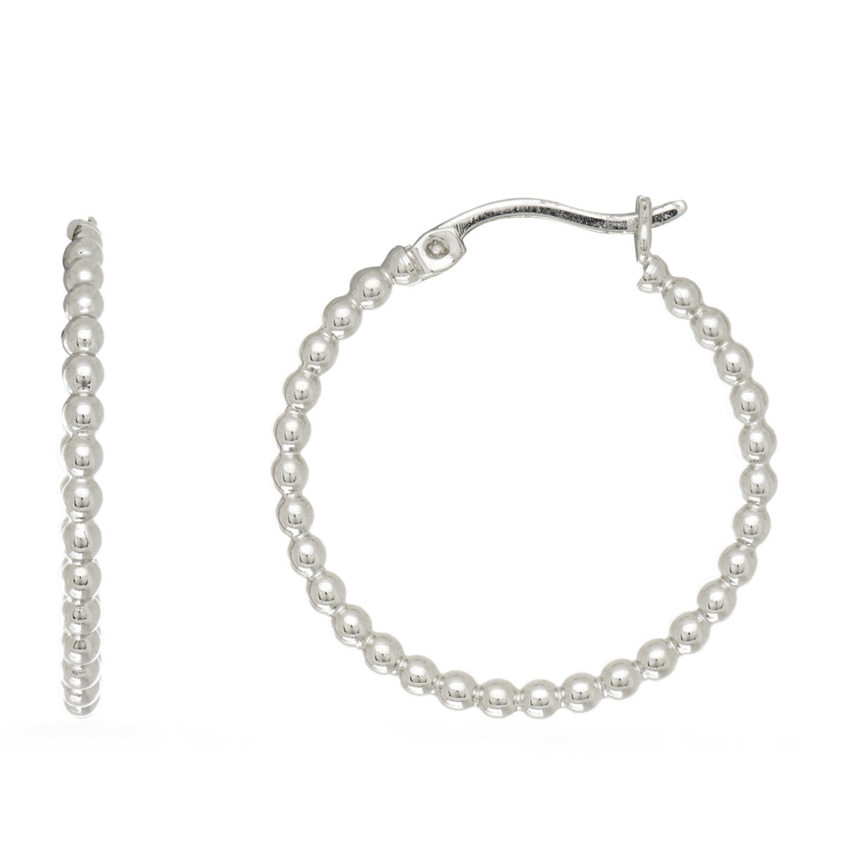 Sterling Silver Rhodium Plated Beaded Tube Round Hoop Earrings - JewelryAffairs