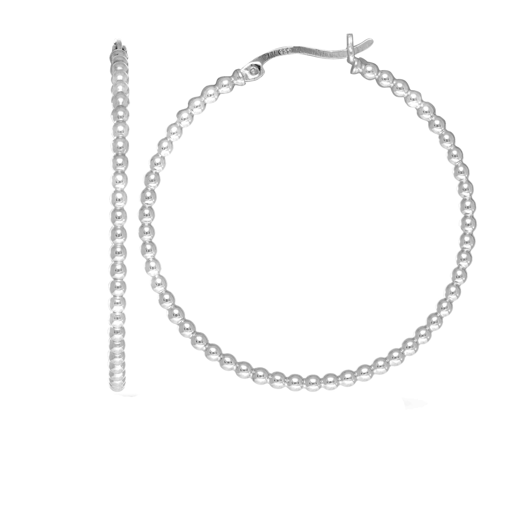 Sterling Silver Rhodium Plated Beaded Tube Round Hoop Earrings - JewelryAffairs
