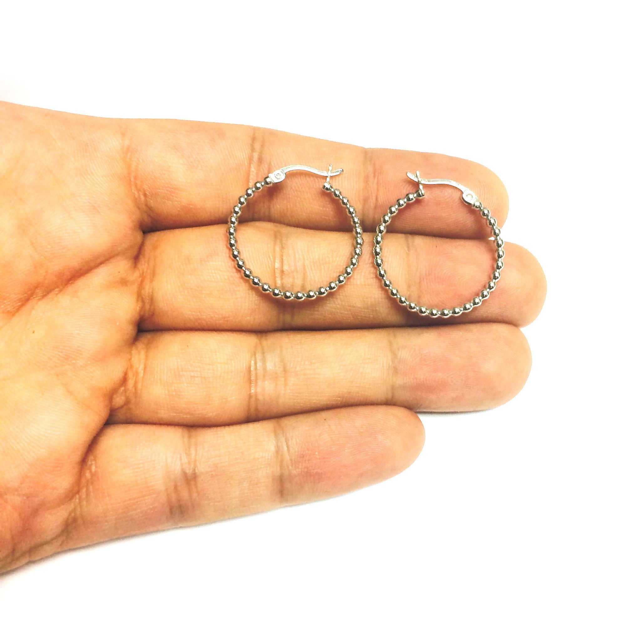 Sterling Silver Rhodium Plated Beaded Tube Round Hoop Earrings - JewelryAffairs