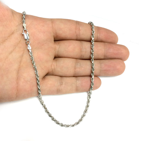 Sterling Silver Rhodium Plated Diamond Cut Rope Chain Necklace, 2.9mm