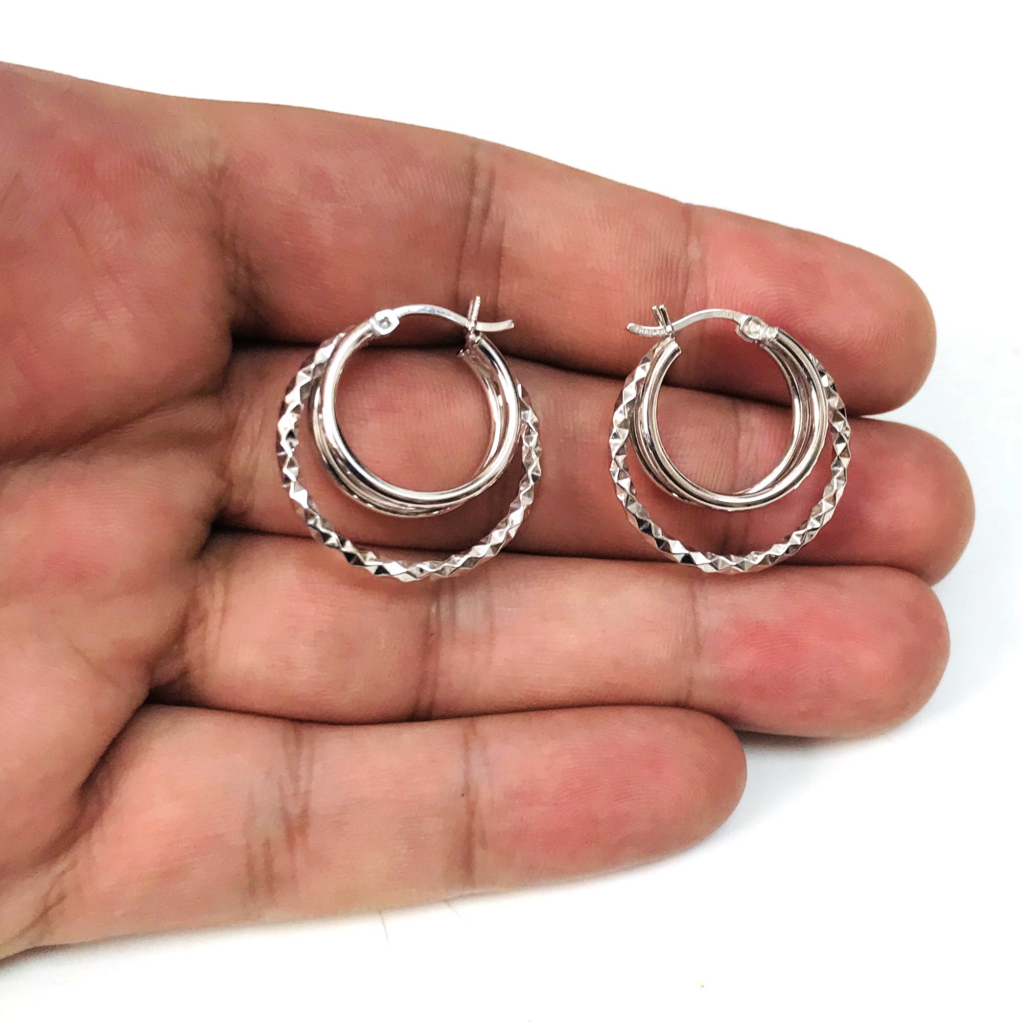 Sterling Silver Rhodium Plated Double Open Circle Round Hoop Earrings, Diameter 25mm - JewelryAffairs
