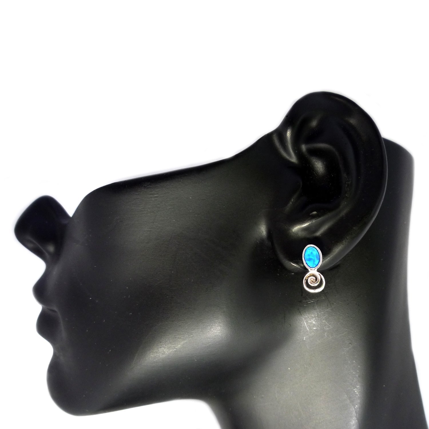 Sterling Silver Rhodium Plated Greek Spiral Key With Synthetic Opal Earrings, 5 x 12mm - JewelryAffairs