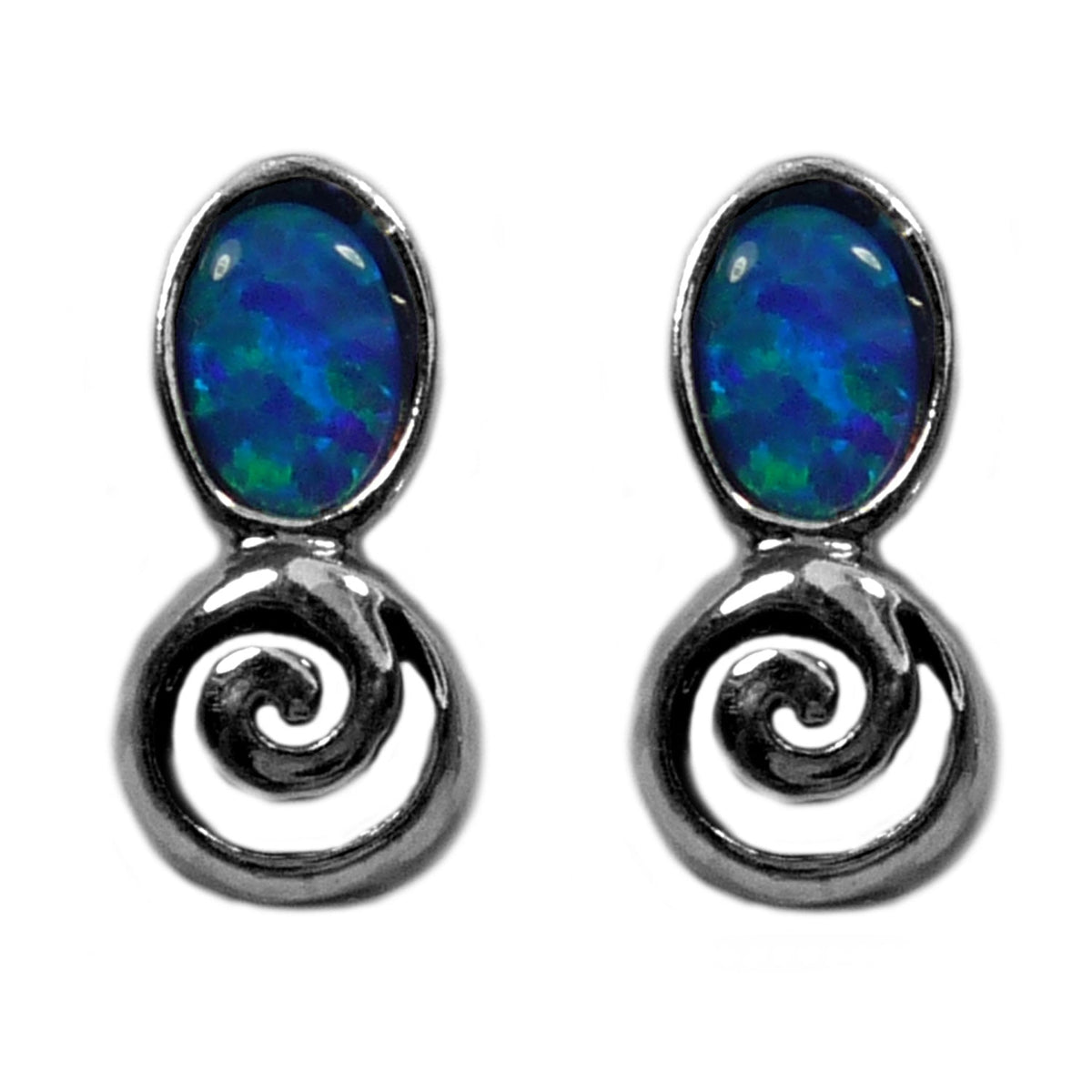 Sterling Silver Rhodium Plated Greek Spiral Key With Synthetic Opal Earrings, 5 x 12mm - JewelryAffairs