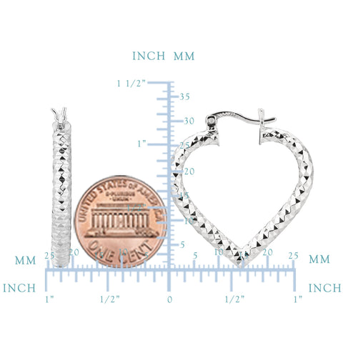 Sterling Silver Rhodium Plated Heart Shape Hoop Earrings, Diameter 25mm