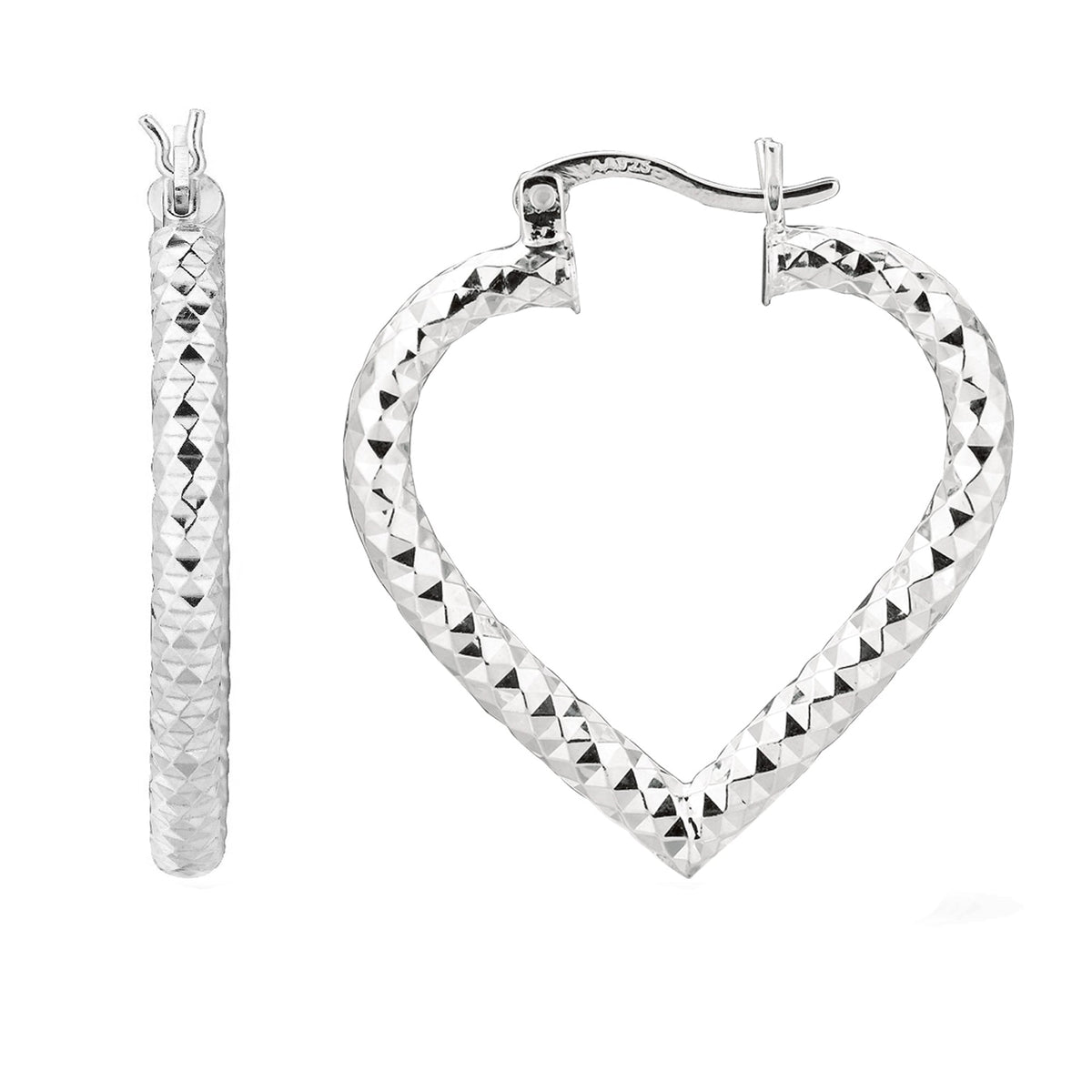 Sterling Silver Rhodium Plated Heart Shape Hoop Earrings, Diameter 25mm - JewelryAffairs