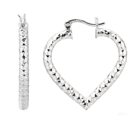 Sterling Silver Rhodium Plated Heart Shape Hoop Earrings, Diameter 25mm