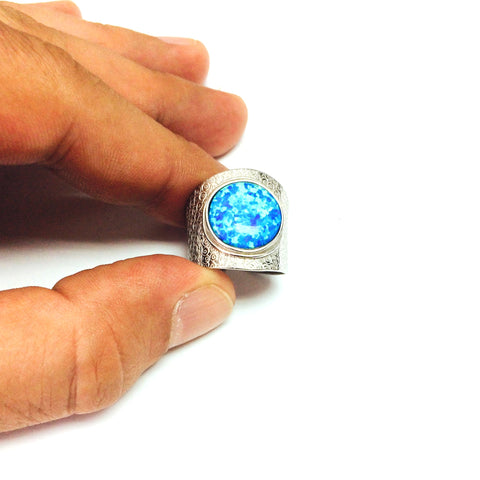 Sterling Silver Rhodium Plated Synthetic Blue Opal Ring, Size 6